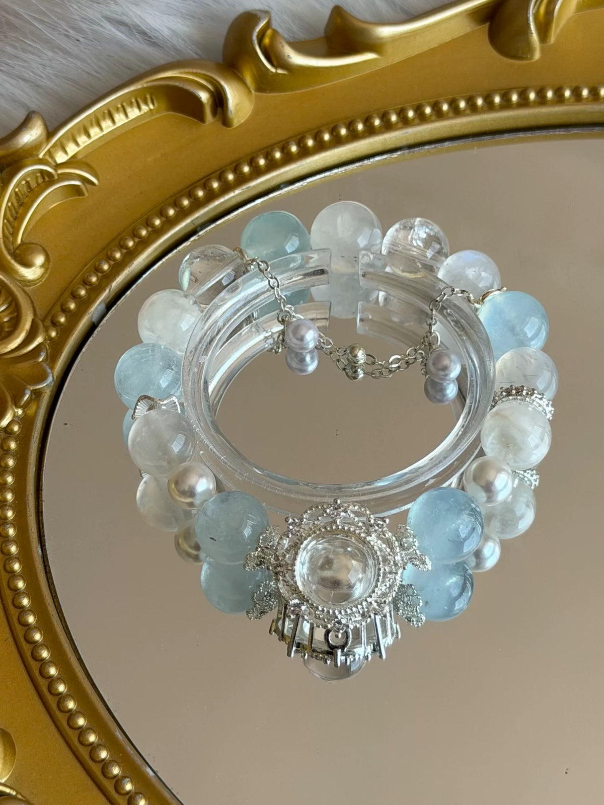 Pulseira de Cristal de Águasina, Pedra da Lua e Pérola de Concha