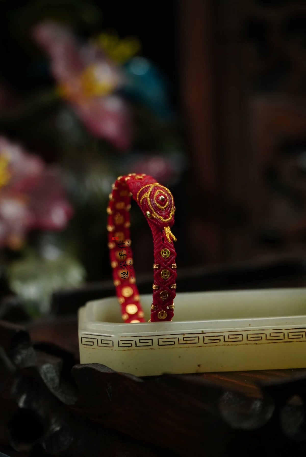 Handwoven Red Snake Bracelet with Gold Coins