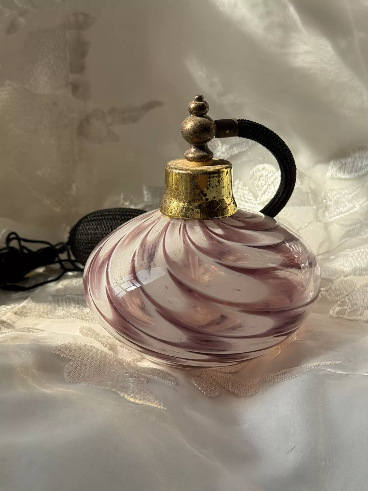 Vintage Glass Perfume Bottle White Purple Swirl