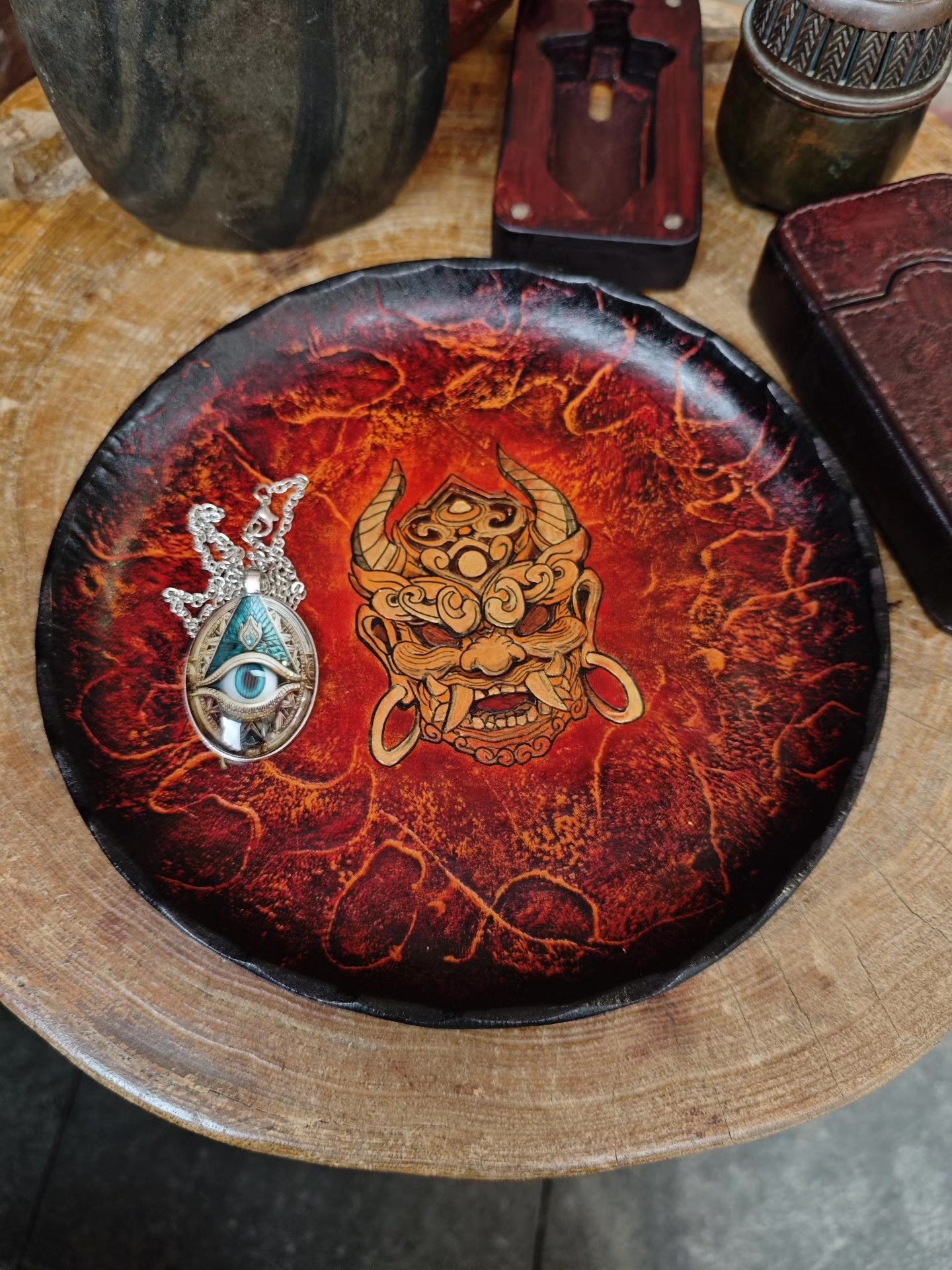 Handcrafted Leather Tray with Lava Gradient and Raised Mask Carving