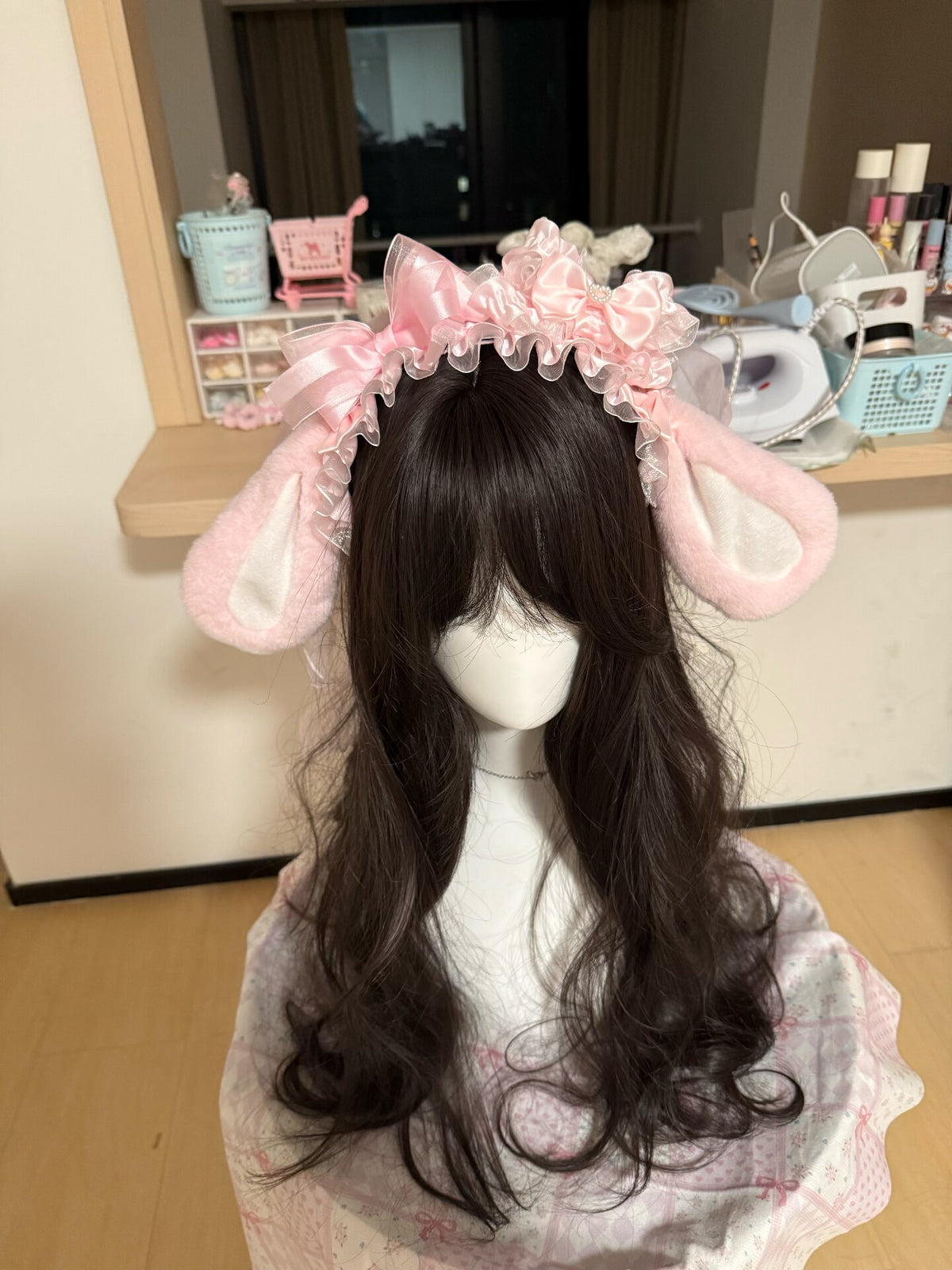 Pink Plush Bunny Ear Headband with Bow