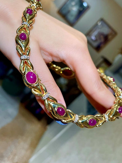 18K Gold Ruby and Diamond Cabochon Necklace, 42cm