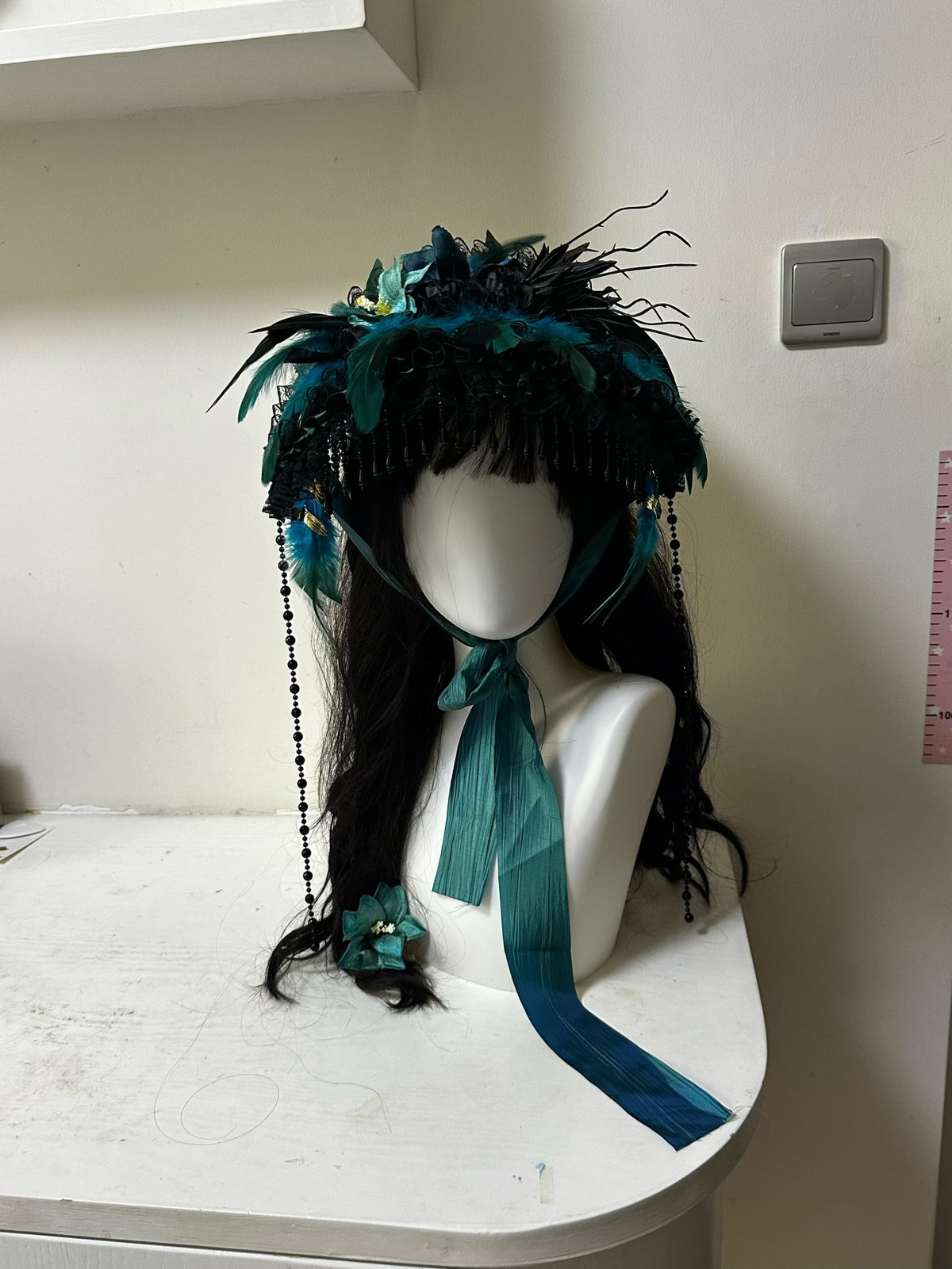Gothic Costume Set with Teal Feather Hat