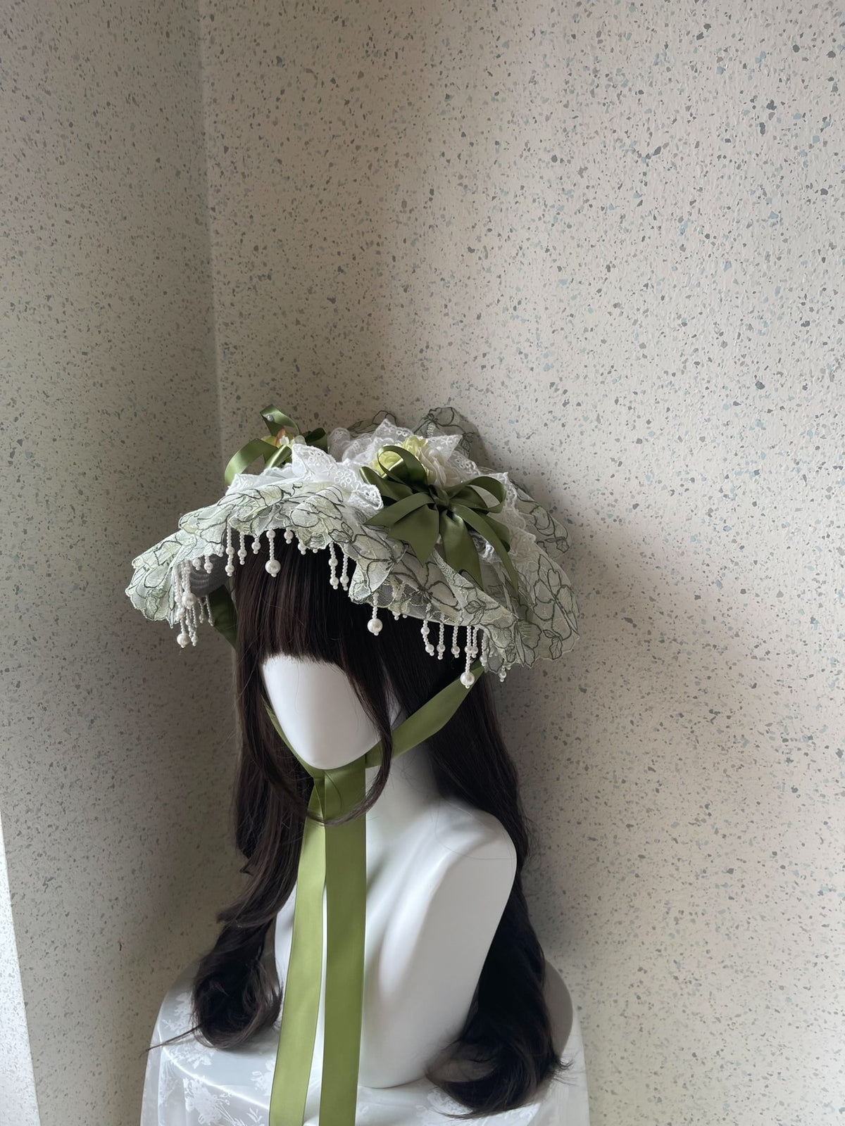 Lolita Lace Bonnet with Green Ribbon Bows