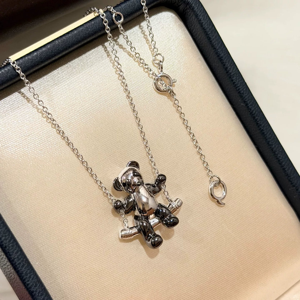 Sterling Silver Teddy Bear Swing Necklace