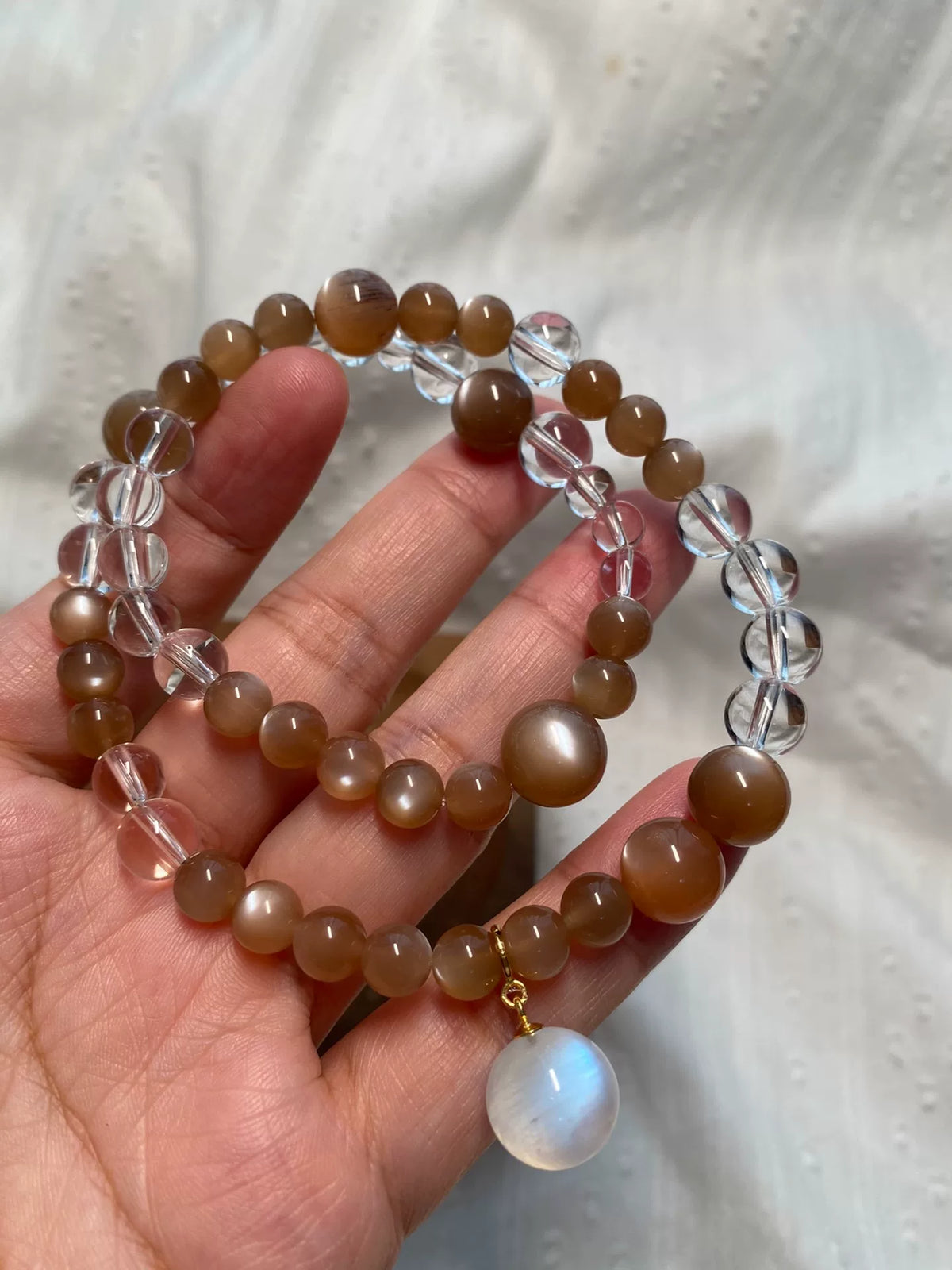 Moonstone and White Quartz Double Loop Bracelet