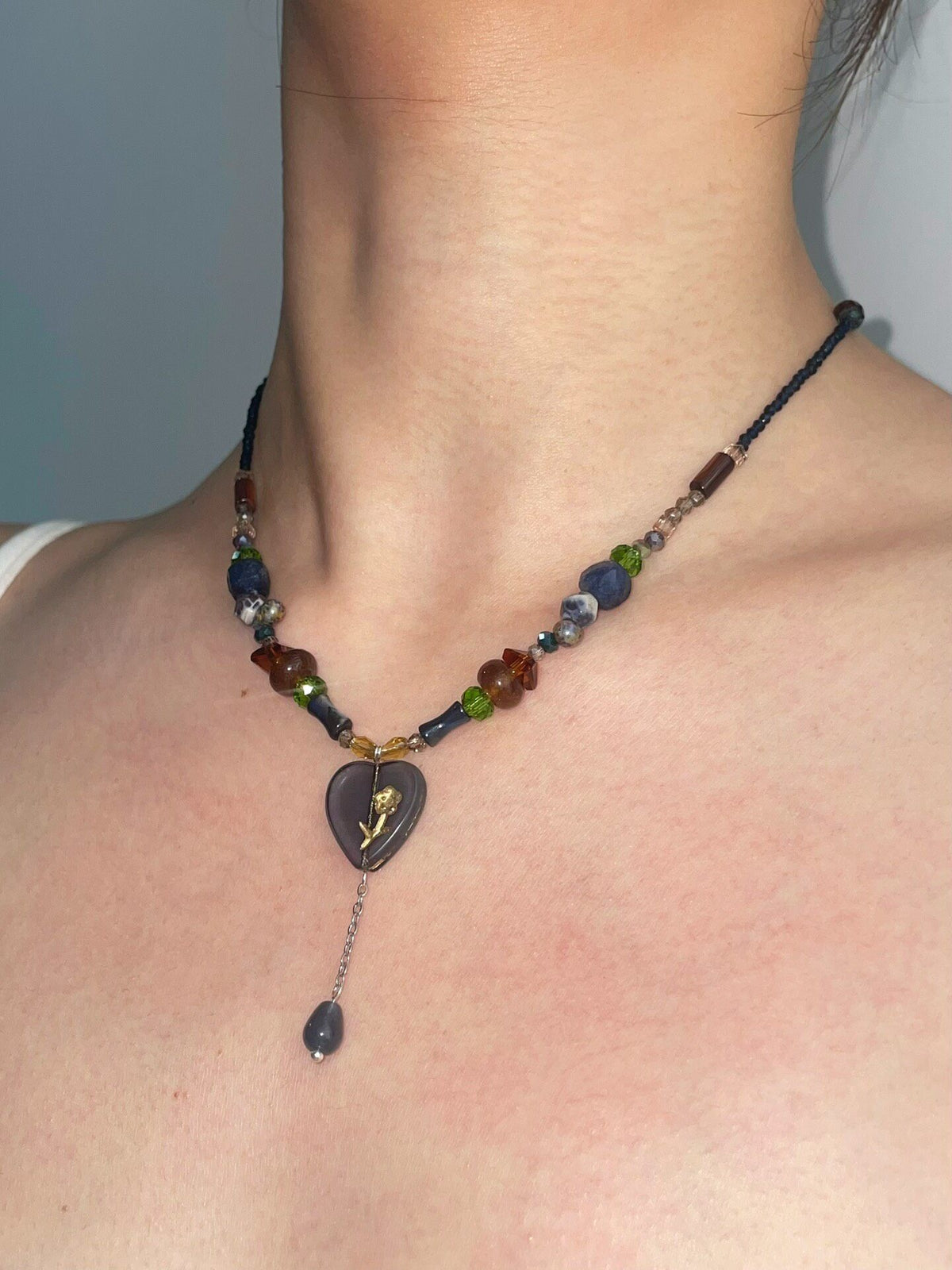 Moss Forest Heart Pendant Beaded Necklace