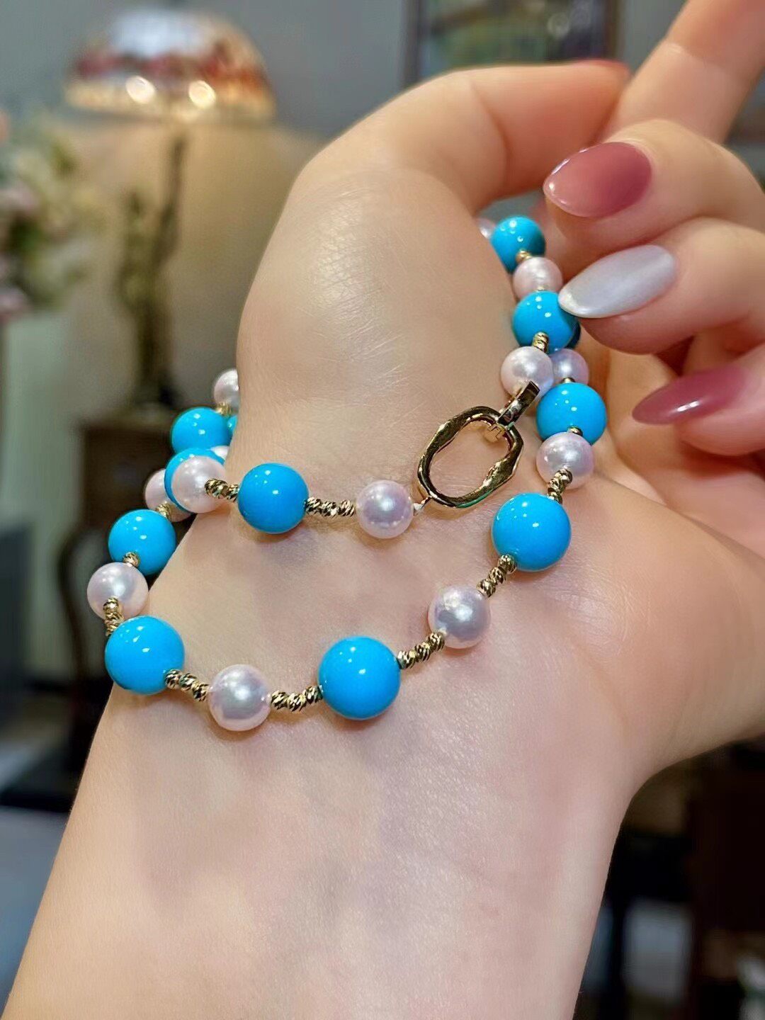 Blue Turquoise and Akoya Pearl Necklace with Gold-Toned Spacers