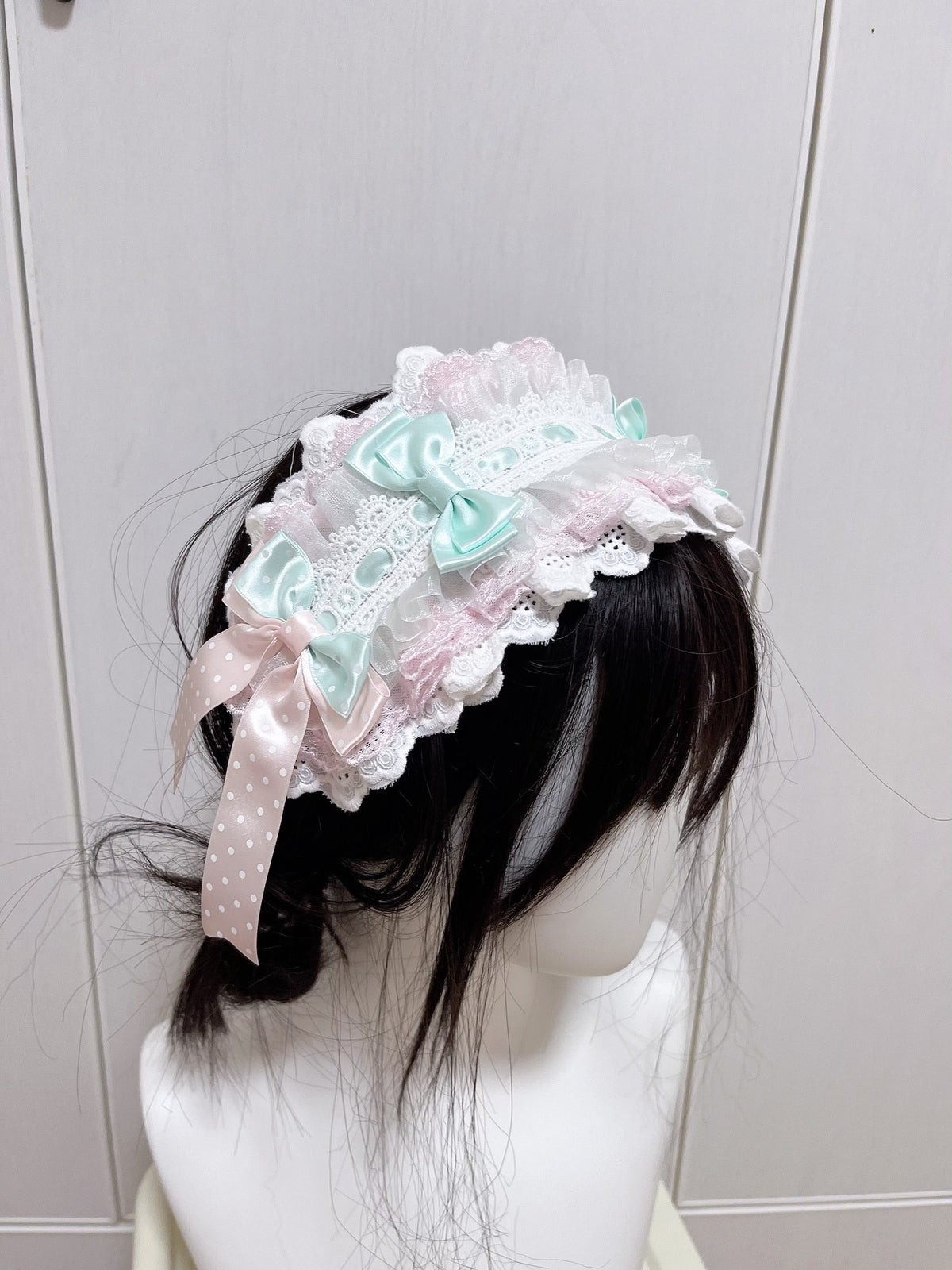 Handmade Lolita Headband Pink Mint Ruffled
