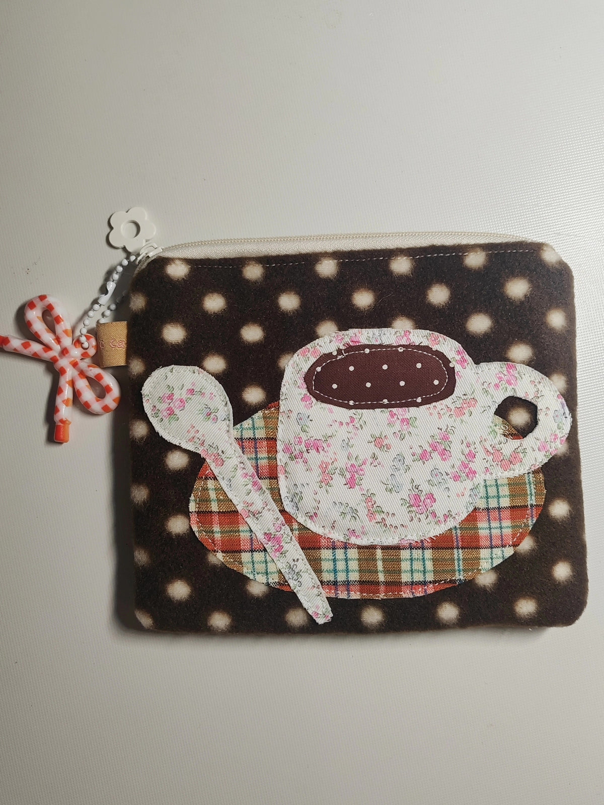 Handmade Brown Polka Dot Coffee Cup Patchwork Coin Purse