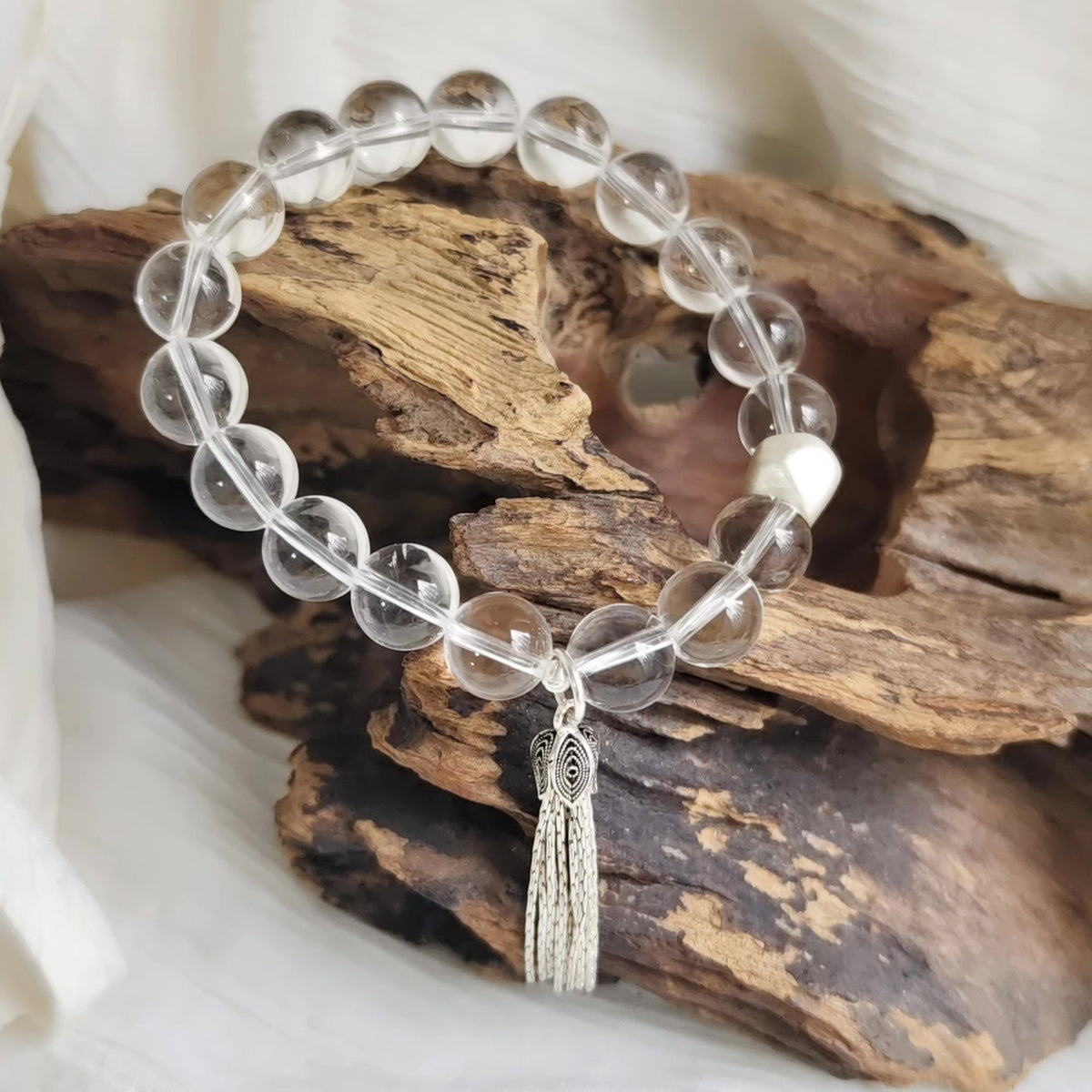 White Quartz Beaded Bracelet with Silver Tassel