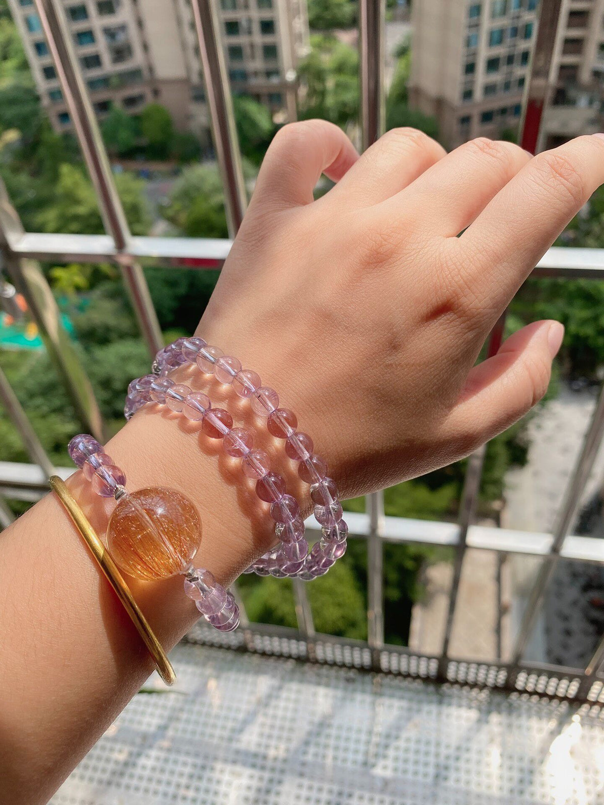 Amethyst Triple Wrap Bracelet with Golden Rutilated Quartz