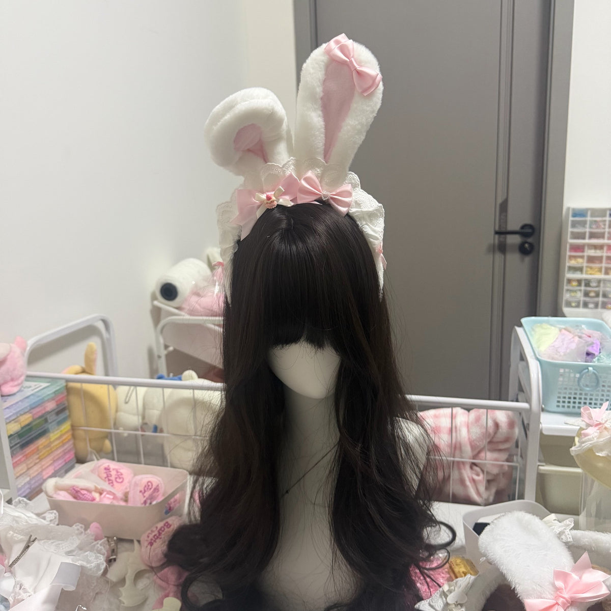 White Plush Bunny Ear Headband with Pink Bows