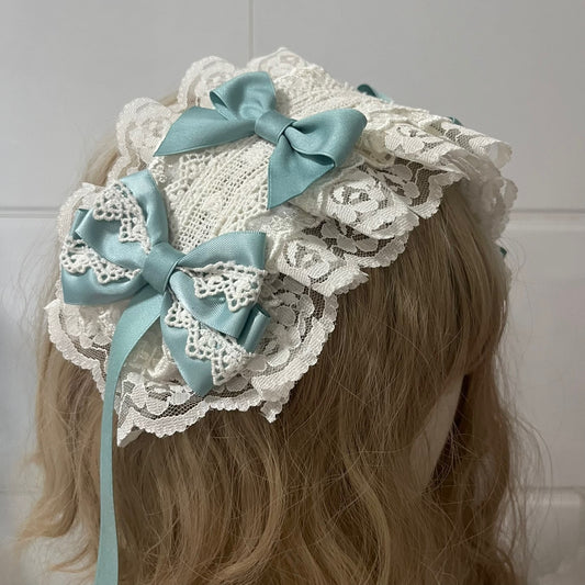 Handmade Lolita Lace Hairband with Bean Green Satin Bows