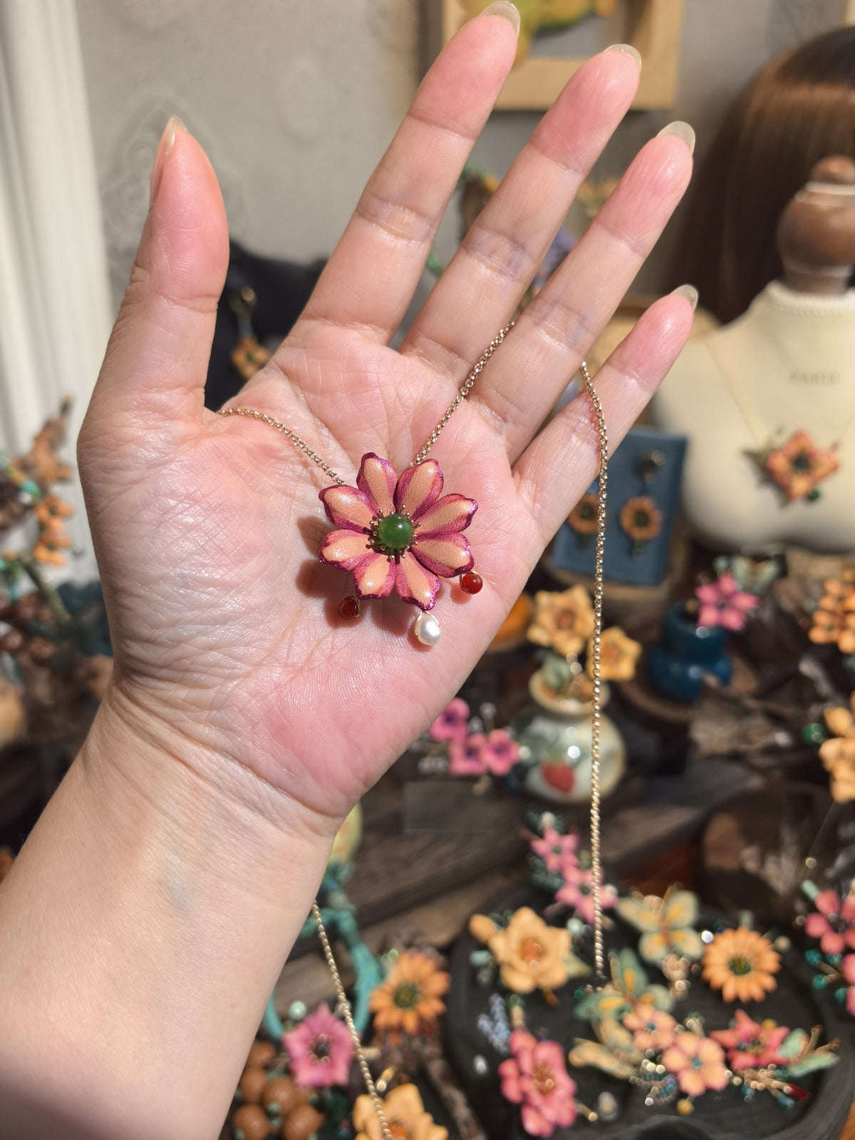 Handmade Leather Flower Necklace Brooch