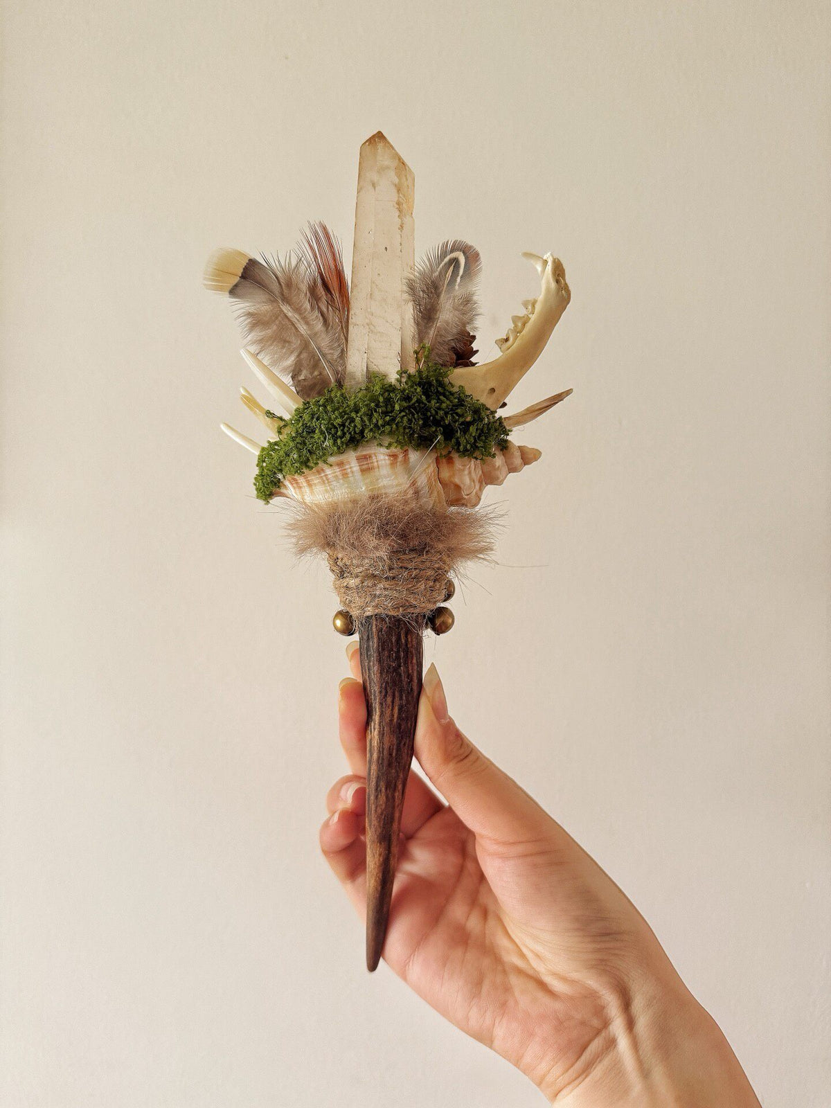 Witch Deer Antler Crystal Magic Wand with Shell