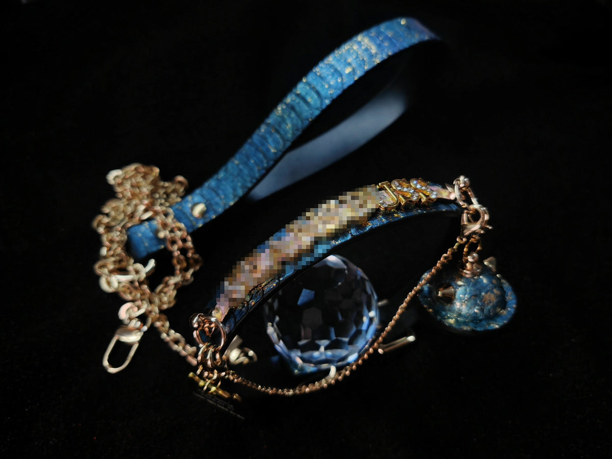 Blue Snakeskin Leather Pet Collar Leash Set