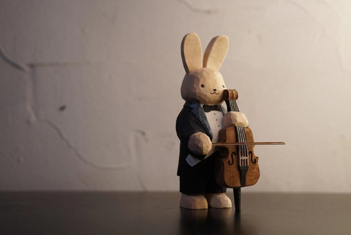 Hand-Carved Basswood Rabbit Cello Sculpture