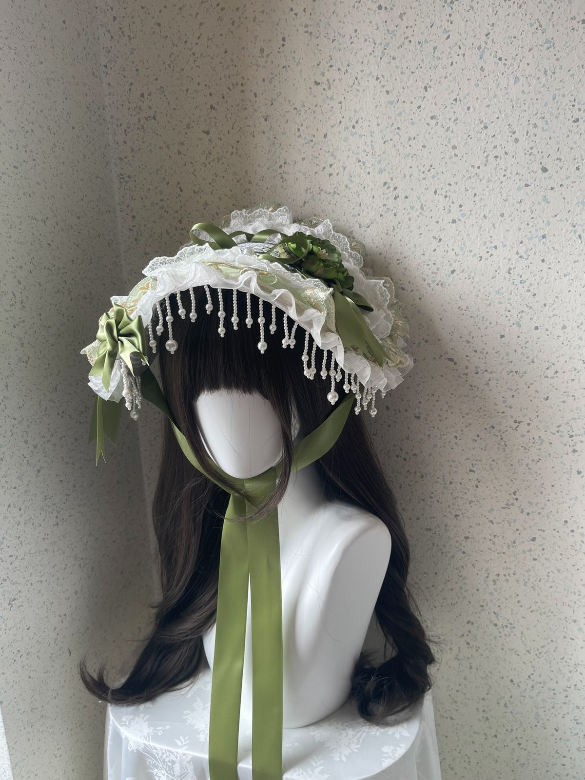 Lolita Green White Lace Flat Hat Handmade