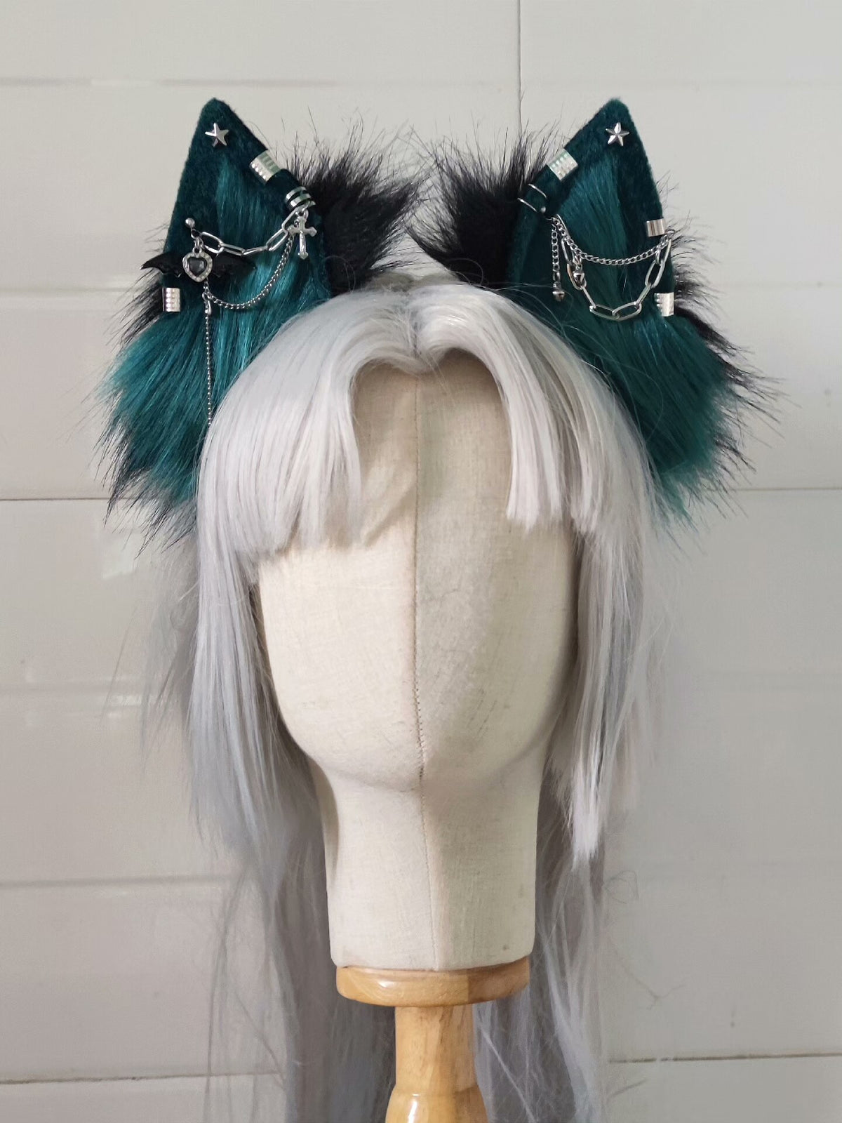 Teal Faux Fur Cat Ears Gothic Chains