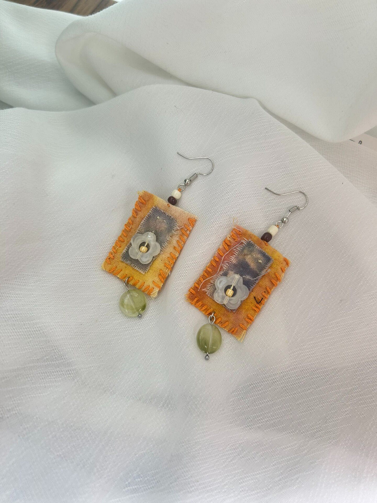 Handmade Fabric Earrings with Frayed Orange Textile