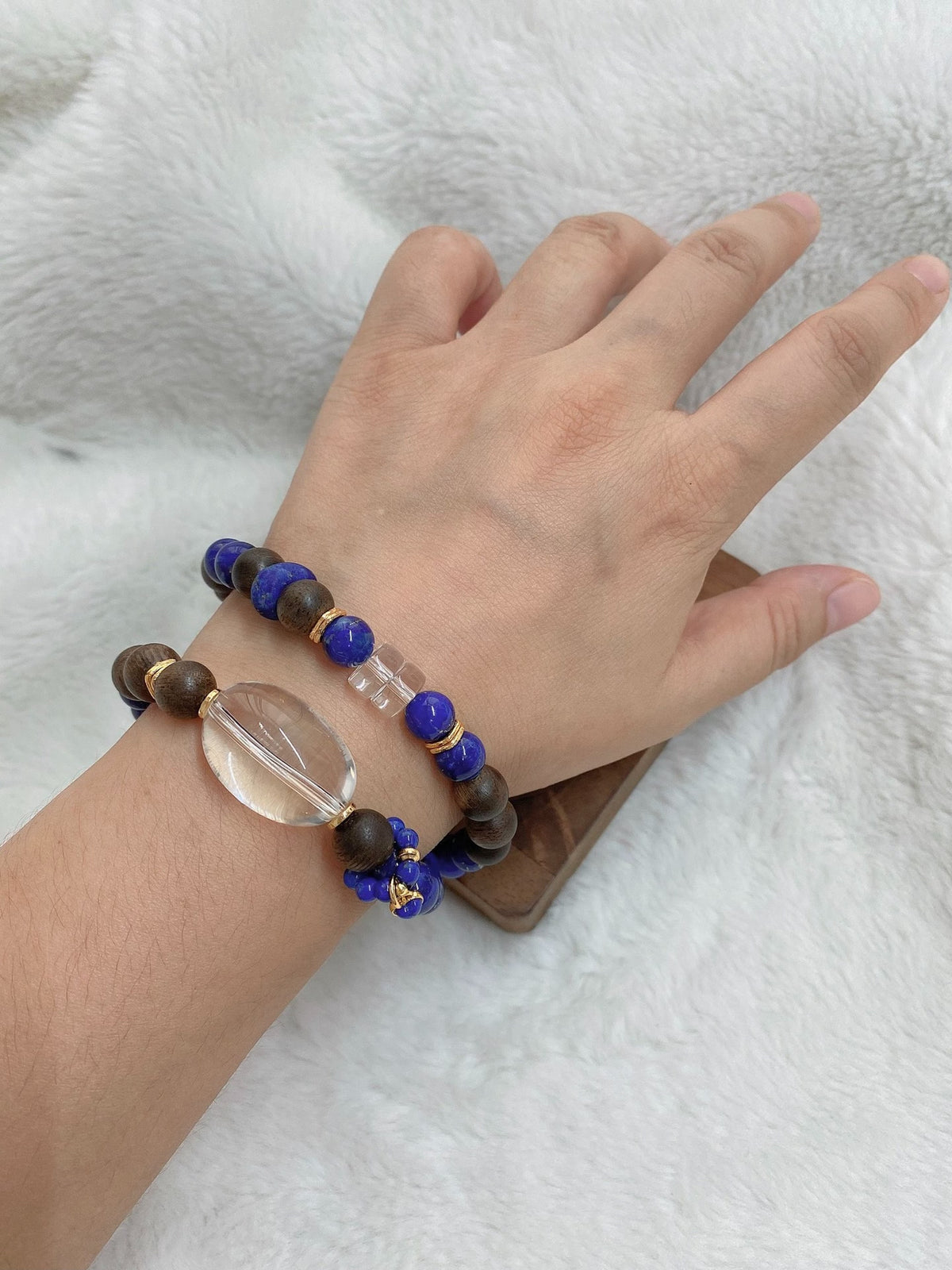 Double Strand Wood Lapis Bracelet