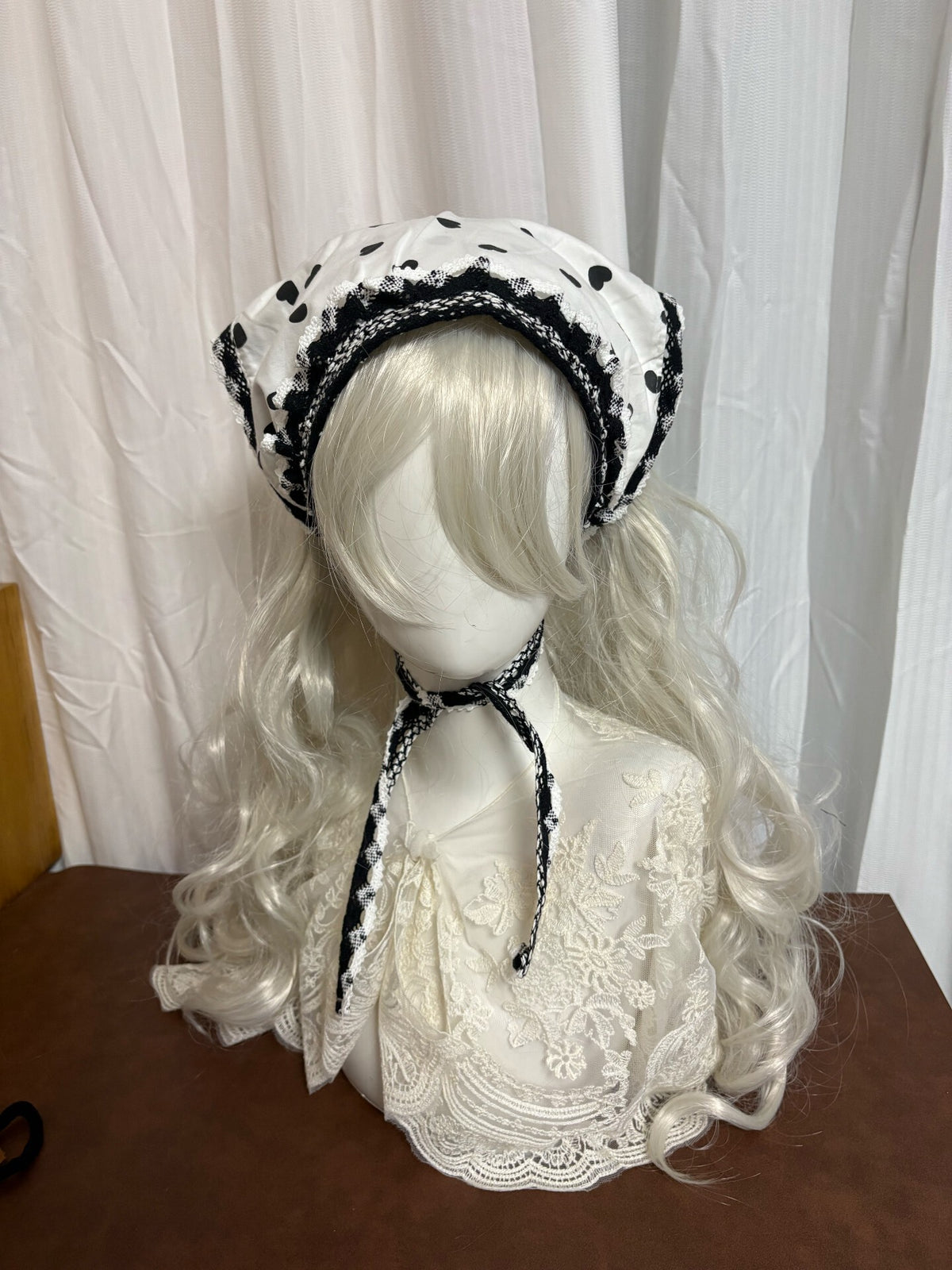 リバーシブル 白黒ハート柄 ヘッドスカーフ ボンネット