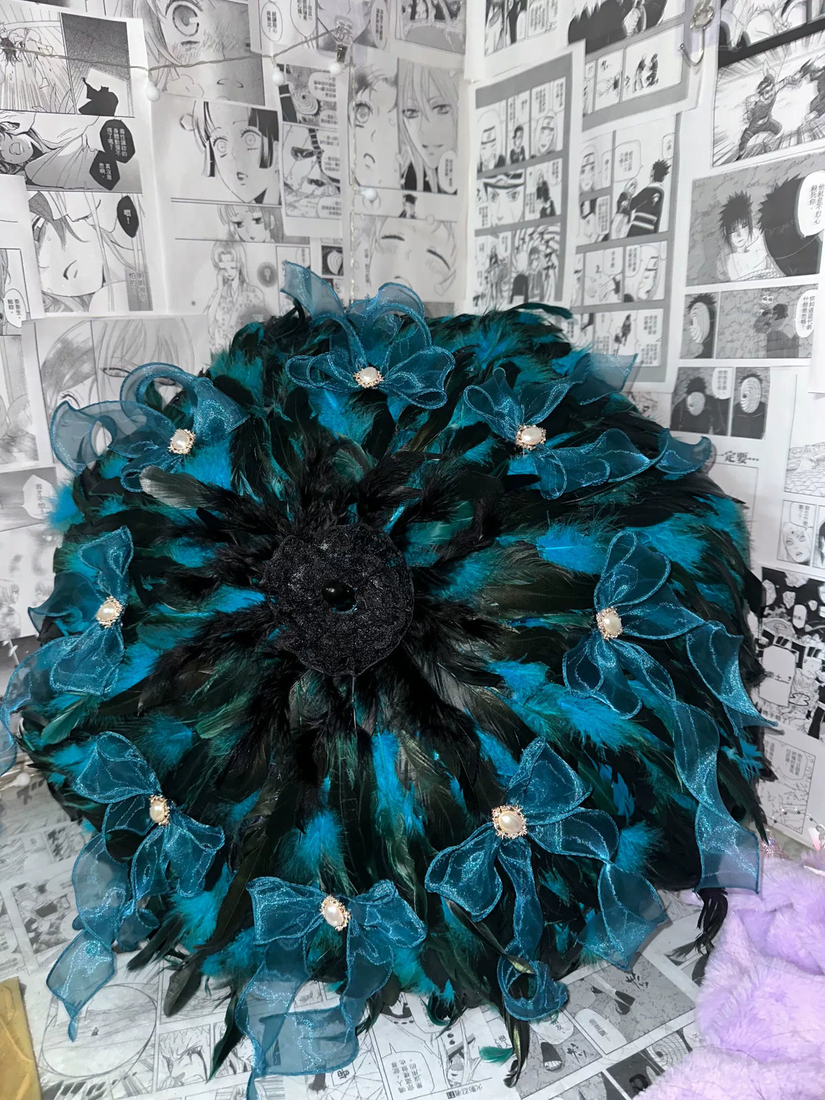 Lolita-parasol met teal veren
