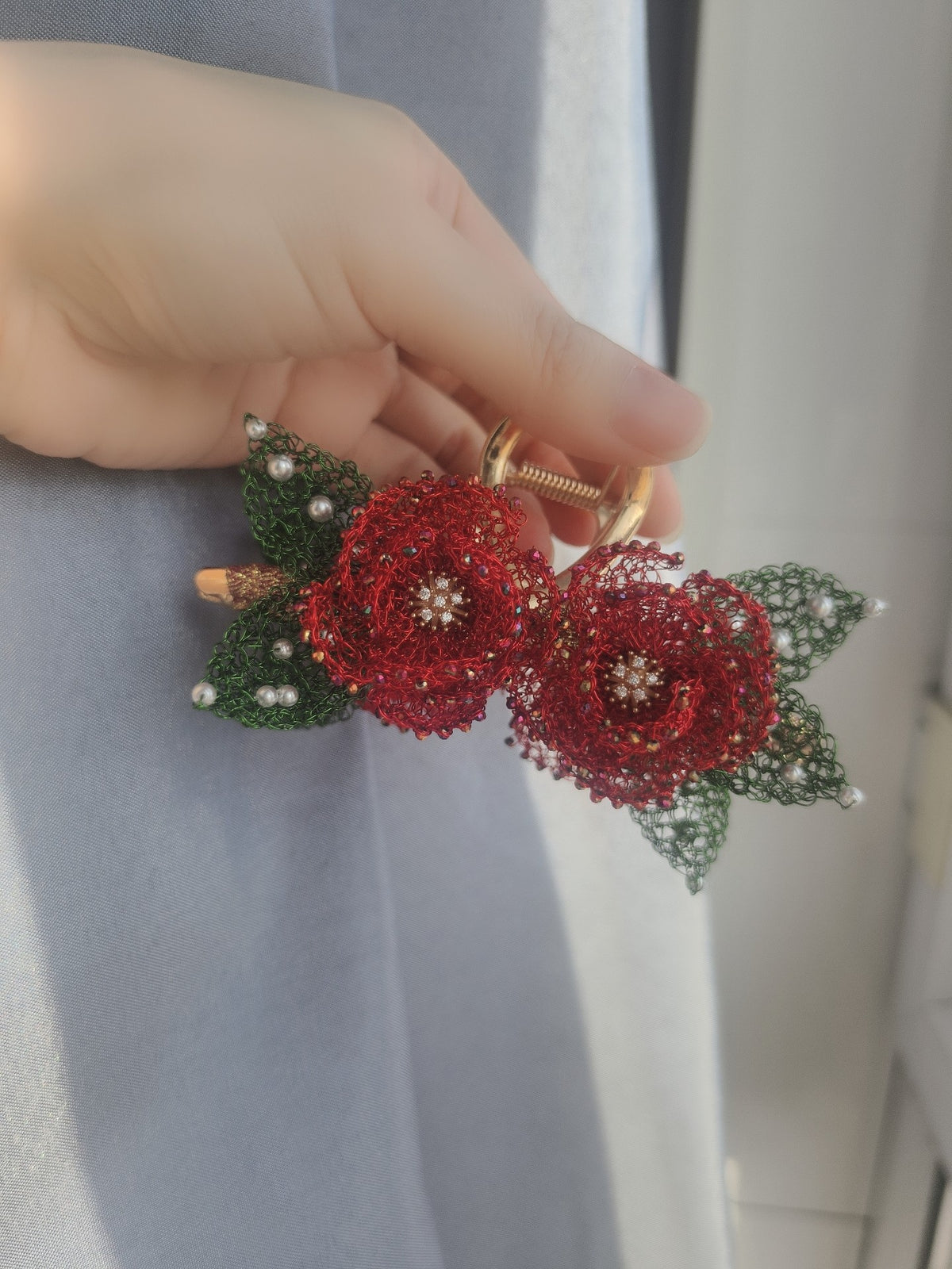 Red Peony Wire Claw Hair Clip