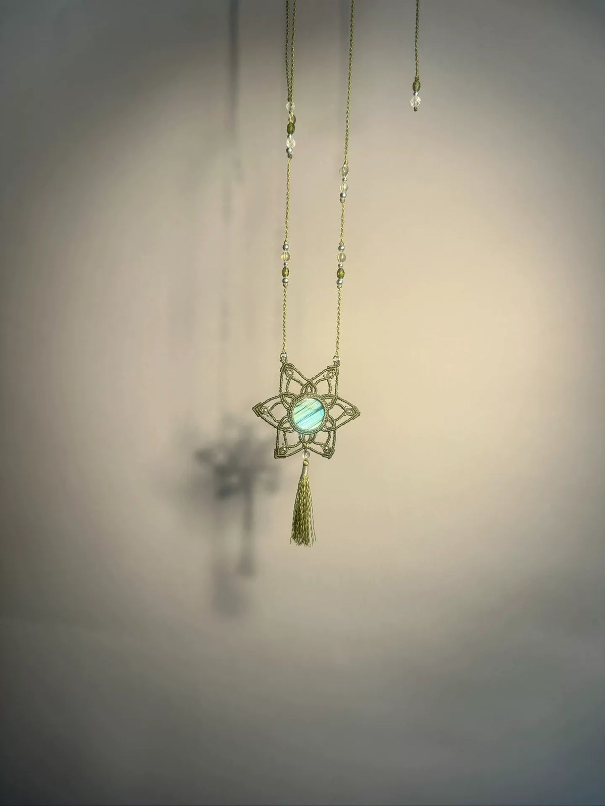 Handmade Labradorite Macrame Pendant Necklace with Olive Green Cord
