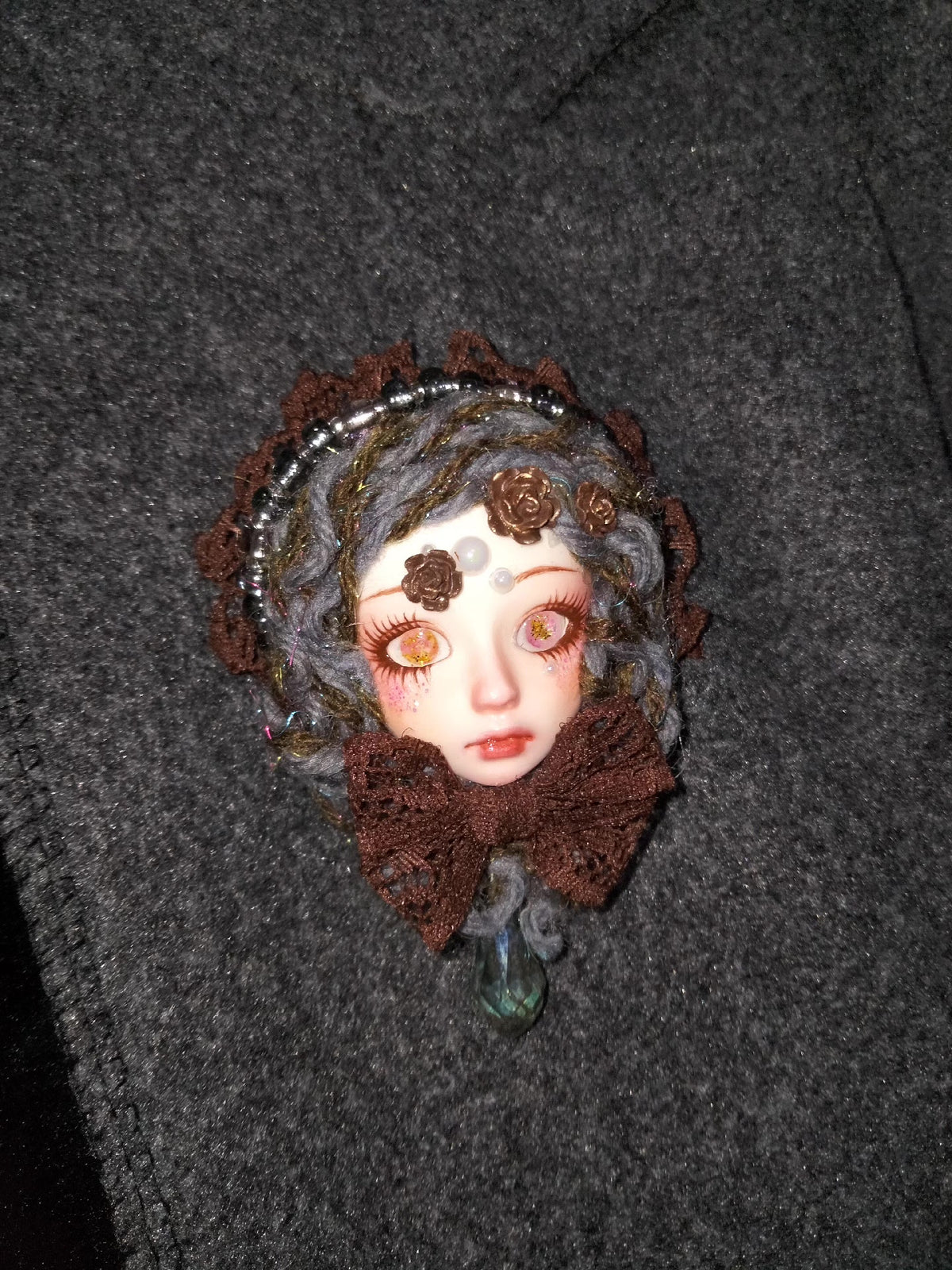 Doll Face Brooch with Crystal Pendant