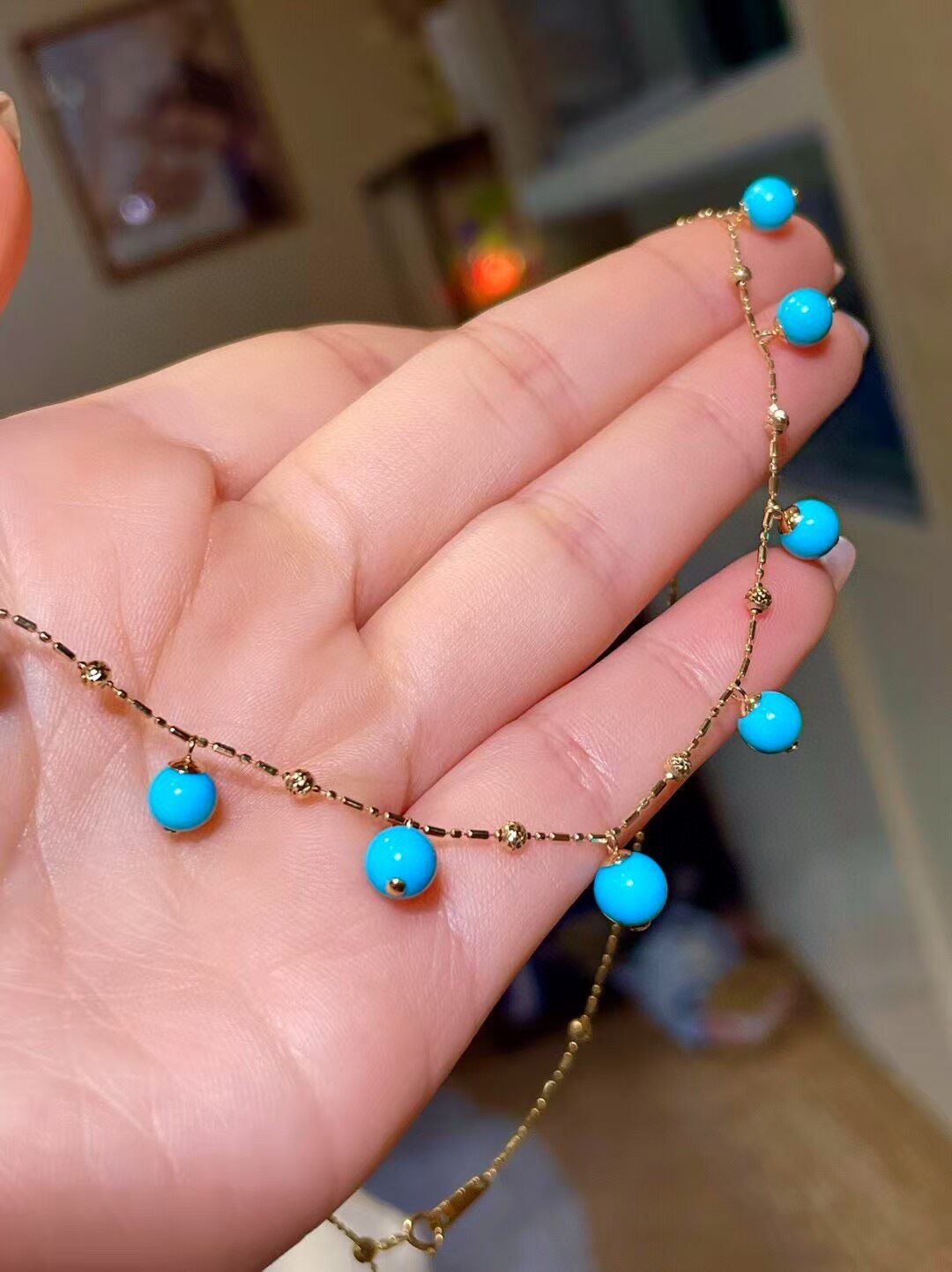 18K Gold Sleeping Beauty Turquoise Bead Necklace
