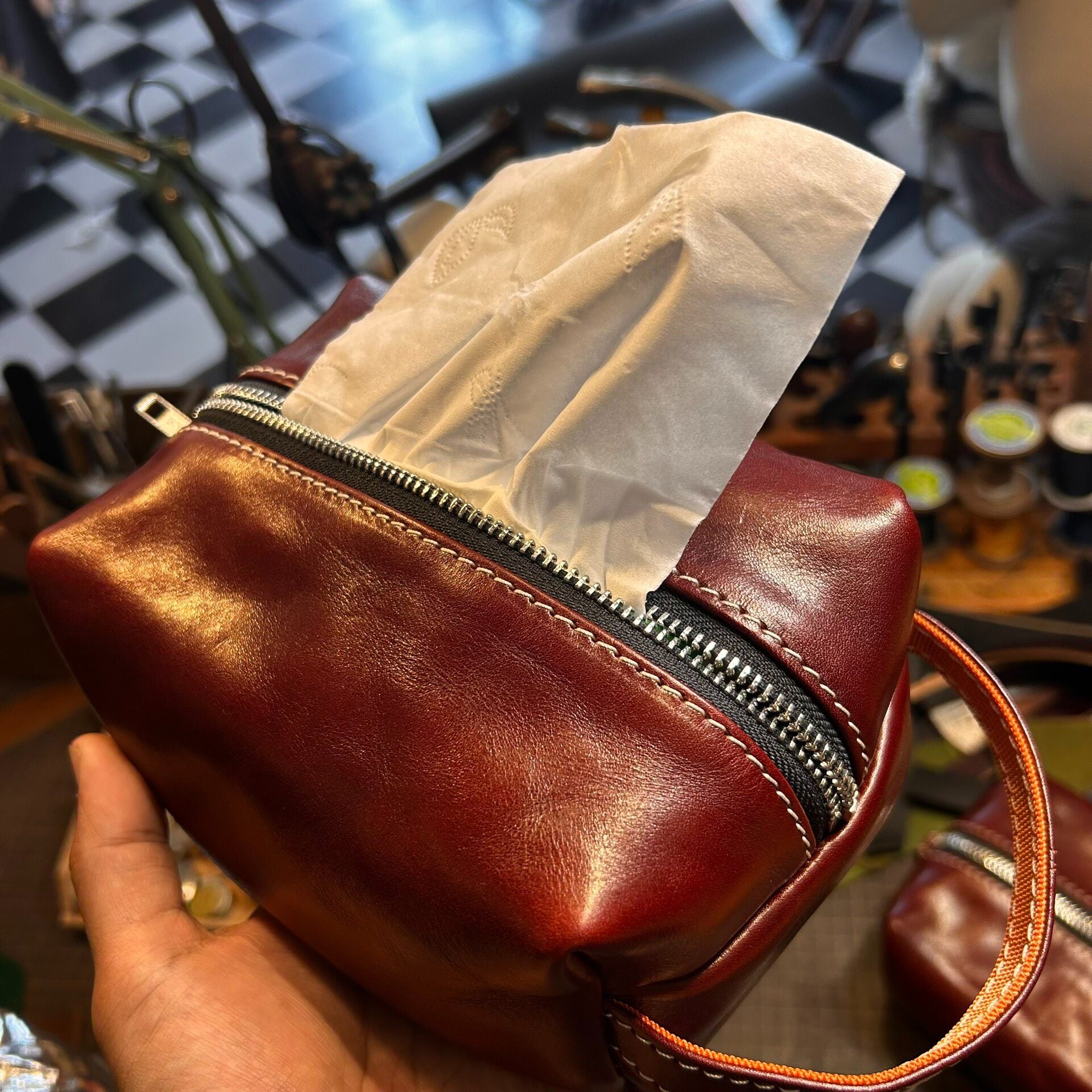 Reddish-Brown Full-Grain Leather Rectangular Pouch with Dual-Zipper Closure