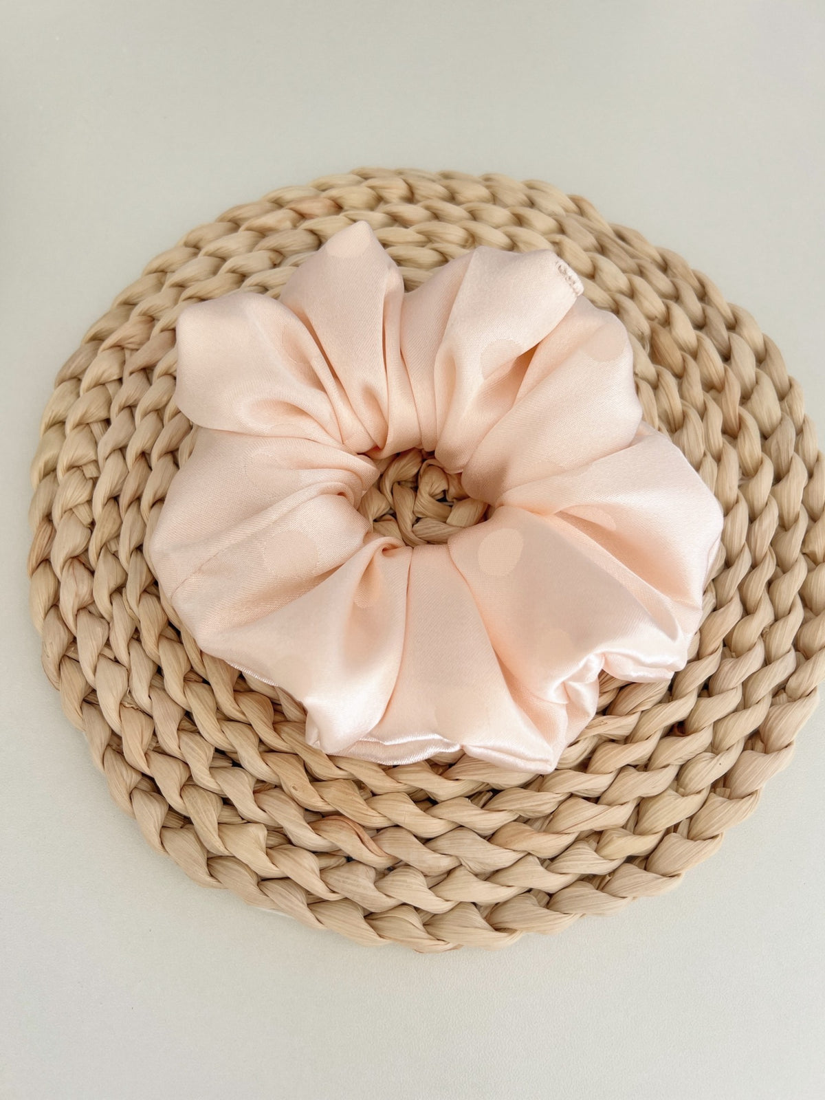 Champagne Pink Satin Polka Dot Scrunchie