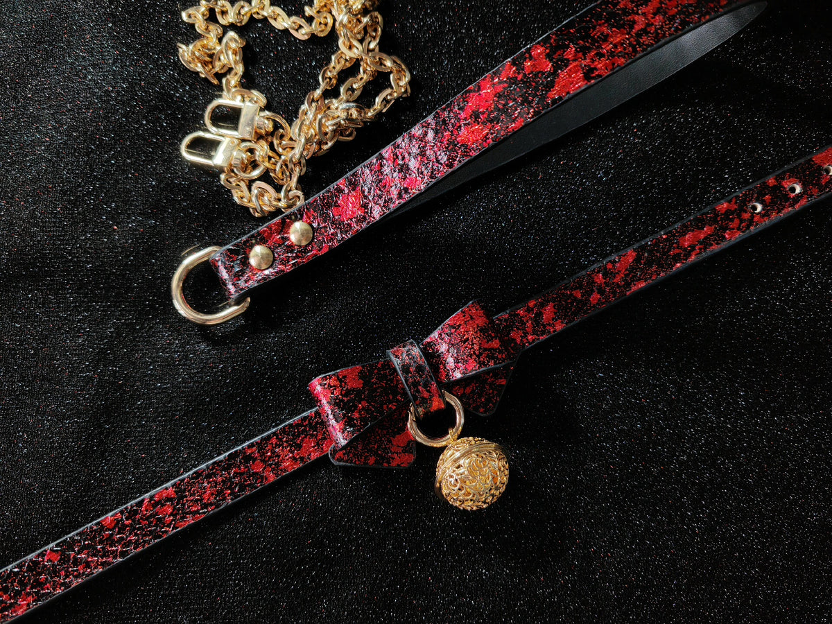 Black Red Crackled Leather Pet Collar