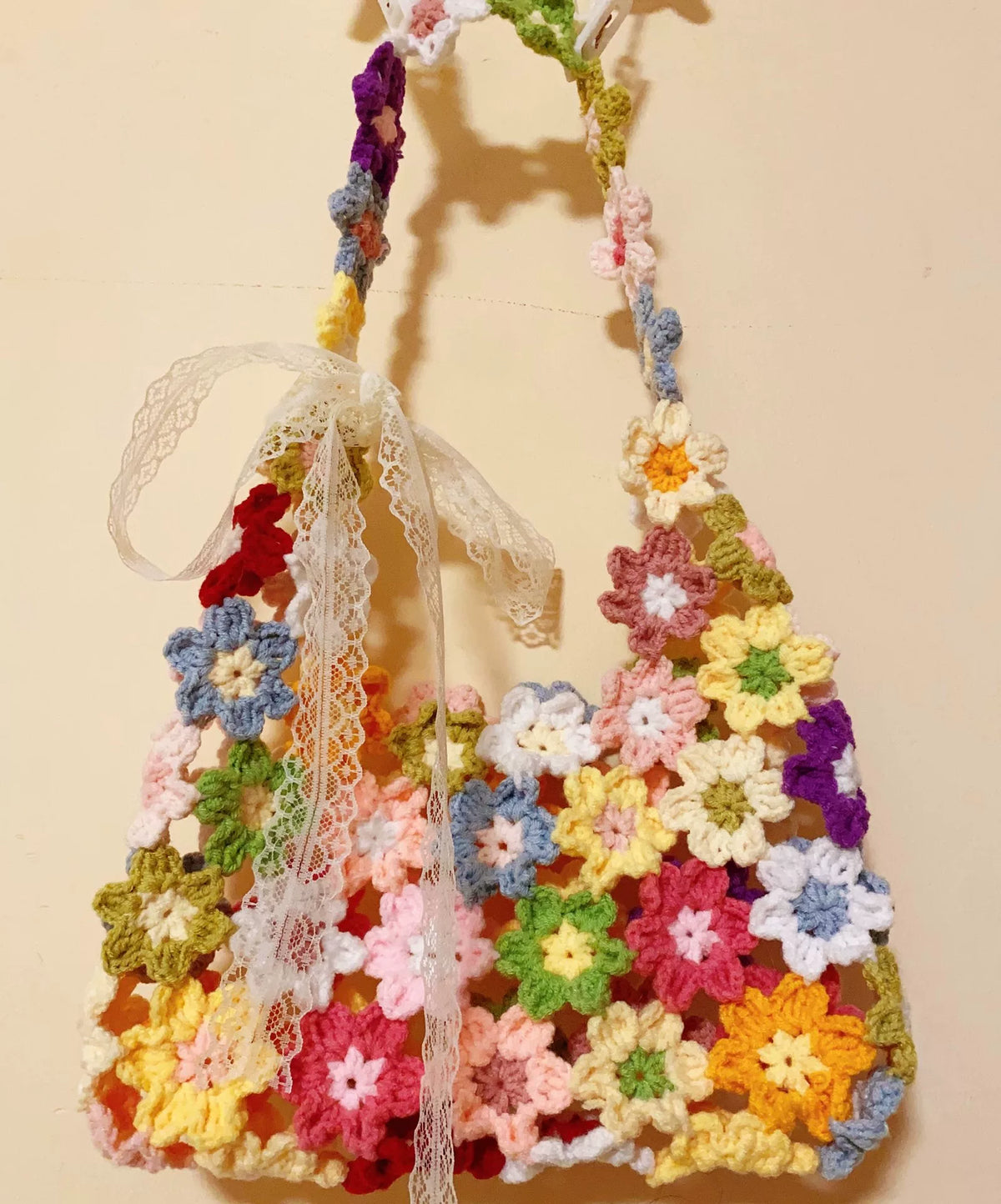 Hand Crocheted Multicolored Floral Yarn Shoulder Bag