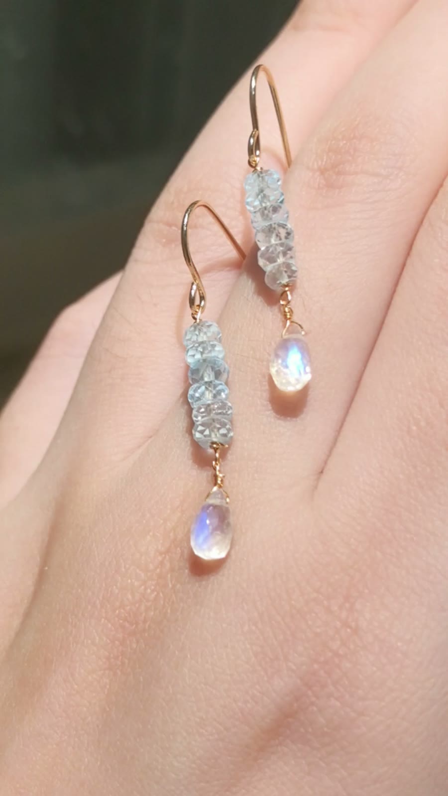 Mondstein-Aquamarin Tropfenohrringe, 14k Goldfüllung