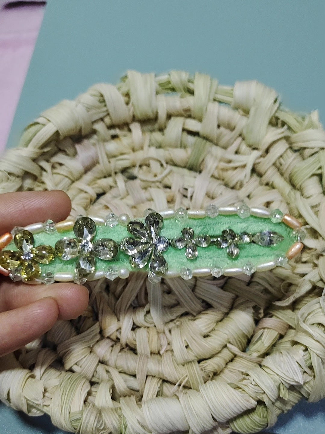 Mint Green Felt Hair Clip with Crystal Flowers