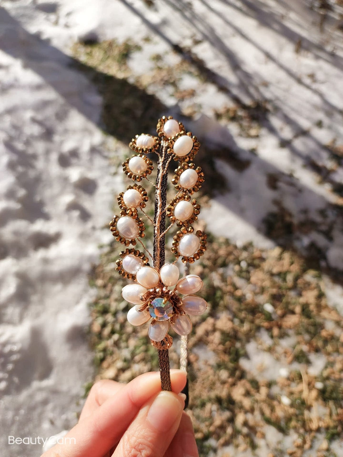 Pearl Leaf Headband with Rose Gold Wire