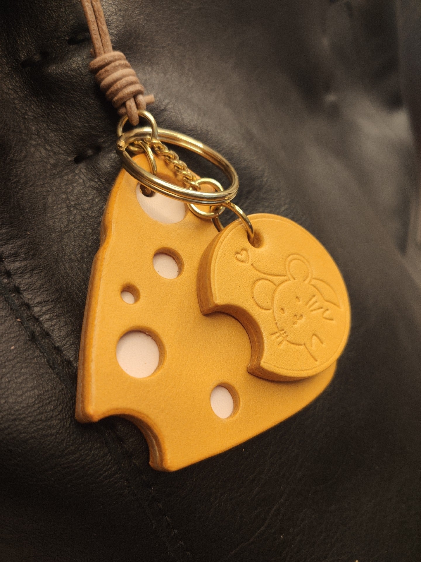 Handmade Leather Cheese and Mouse Bag Charm Keychain