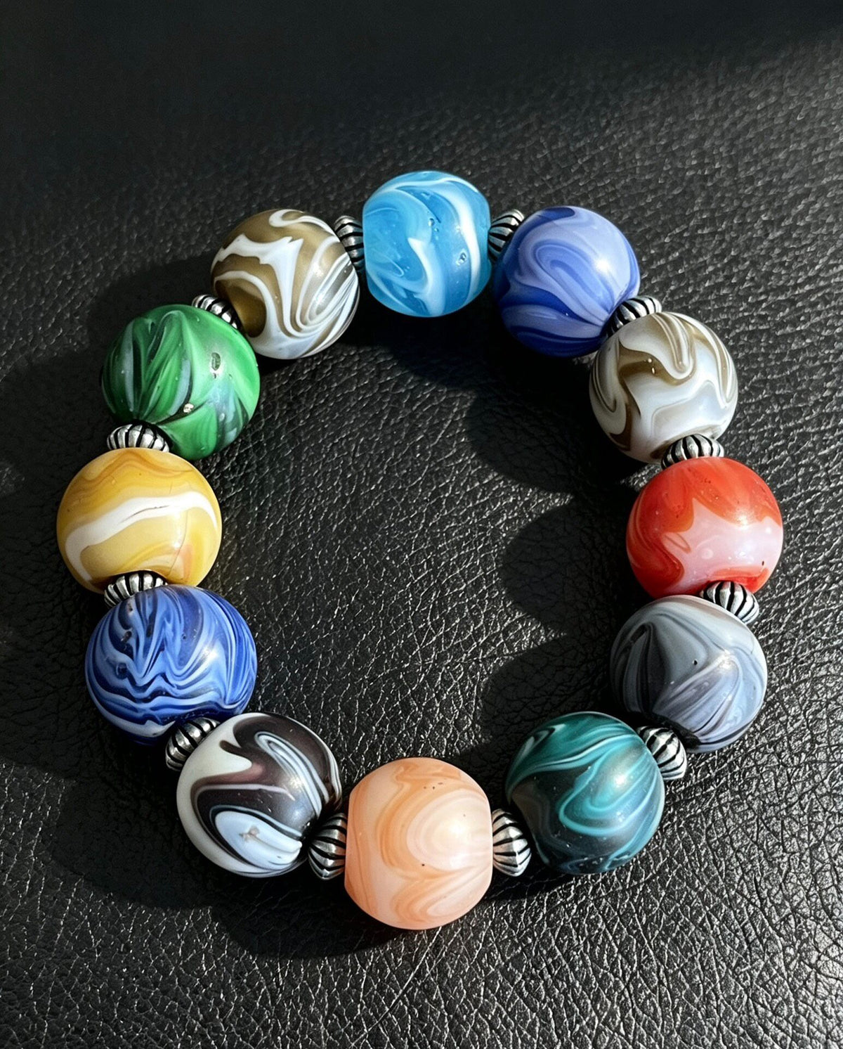 Marbled Glass Bead Bracelet with Metal Spacers