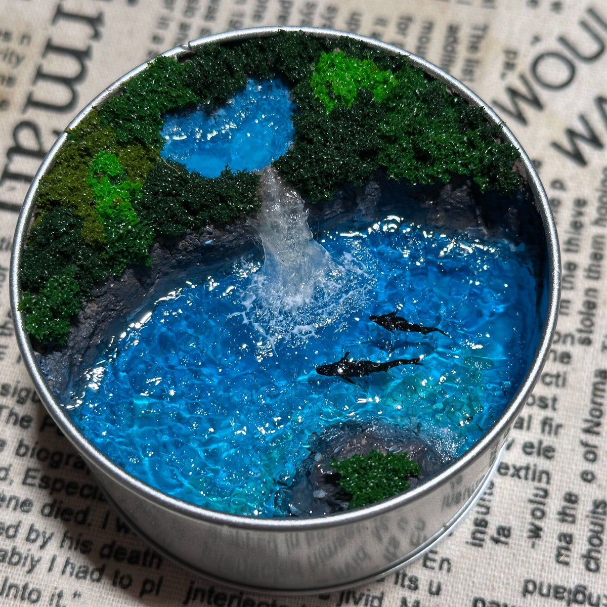 Miniature Dolphin Waterfall Diorama in Tin
