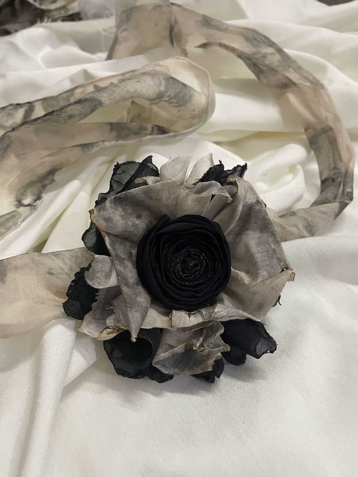Handmade Ink Wash Fabric Rose Brooch
