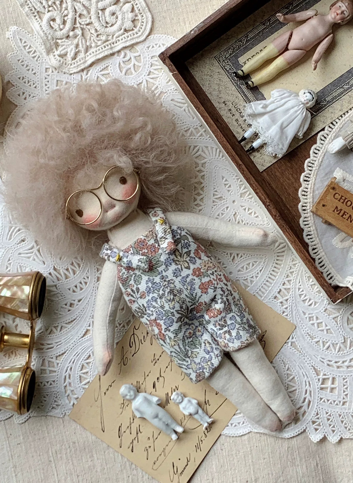 Handmade Waldorf Cloth Doll Curly Pink Hair