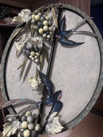 Custom Tang-Style Fan with Wild Grapes and Swallows on Silk