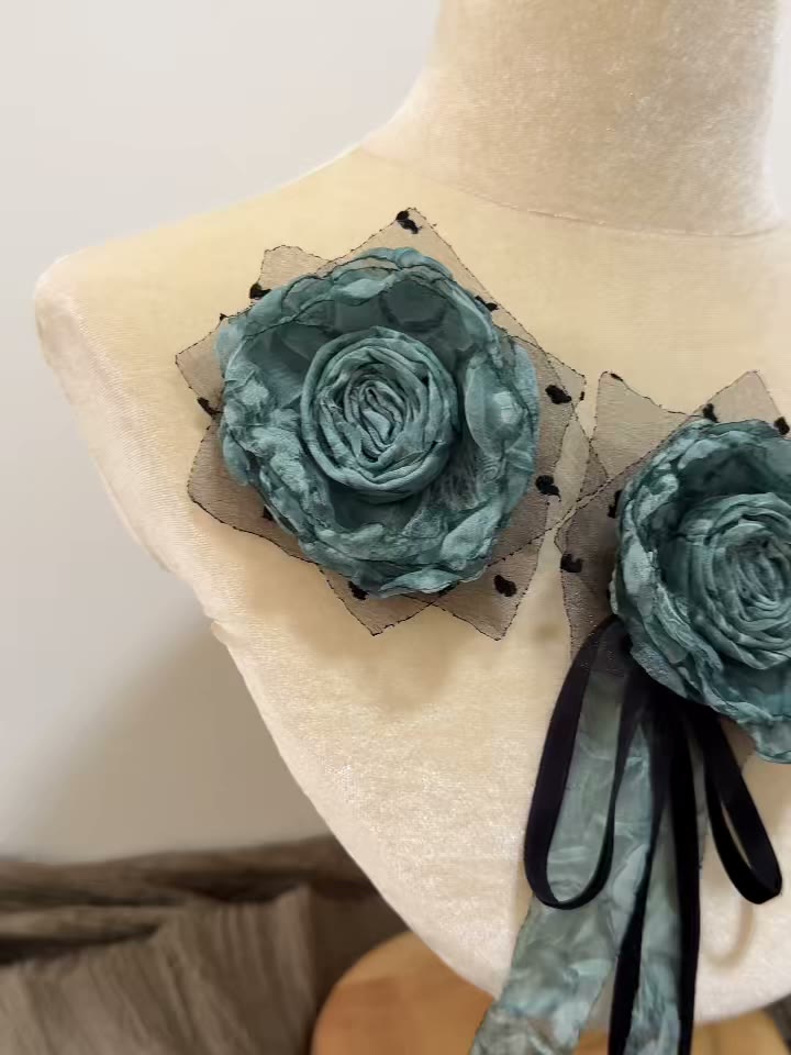 Handmade Fabric Rose Brooch Teal Tulle