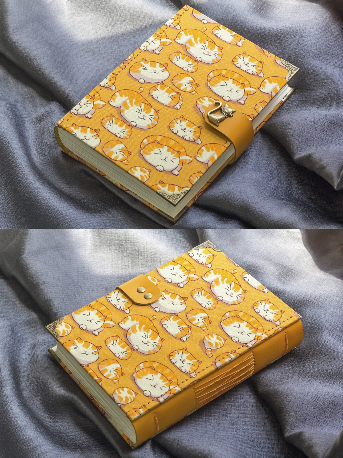 Handgefertigtes Leder-Notizbuch mit orangem Katzenmuster