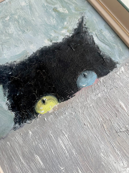Hand-Painted Oil Painting of a Black Cat with Heterochromia, Impasto Texture, Framed