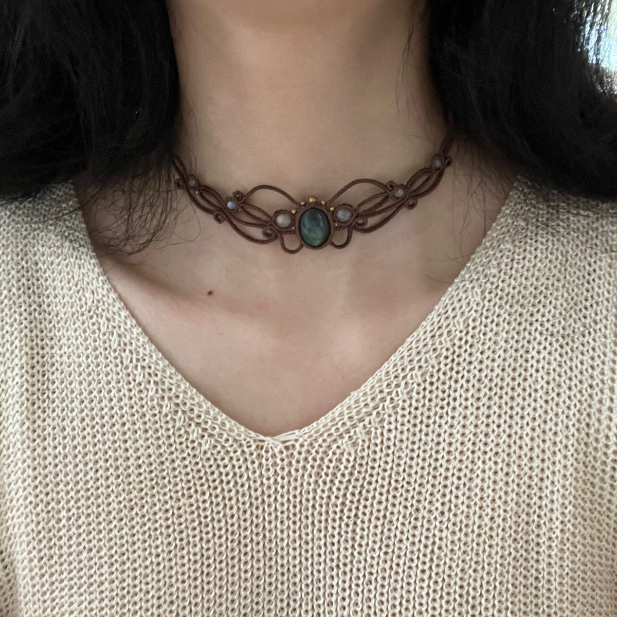Macrame Labradorite Necklace Waxed Thread