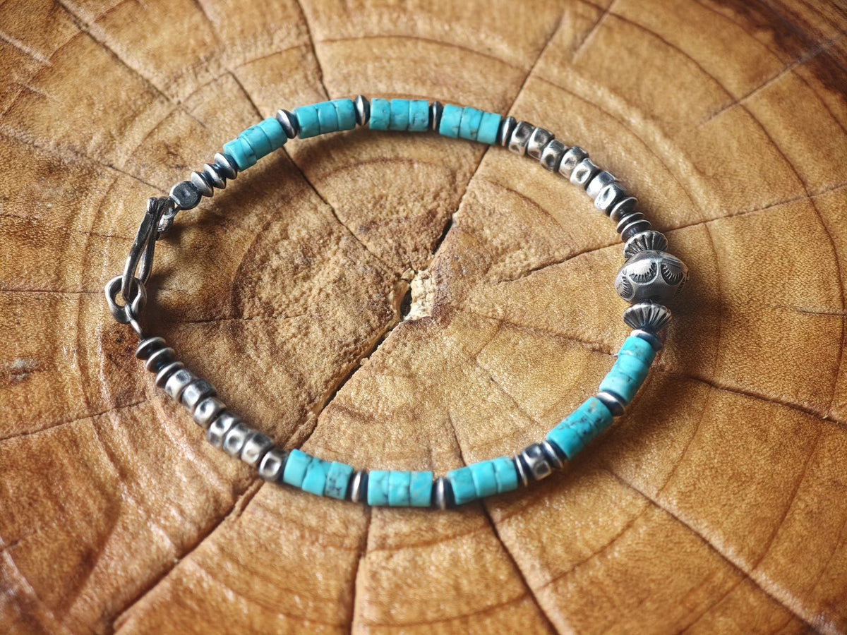 Handmade 925 Silver Navajo Turquoise Bead Bracelet